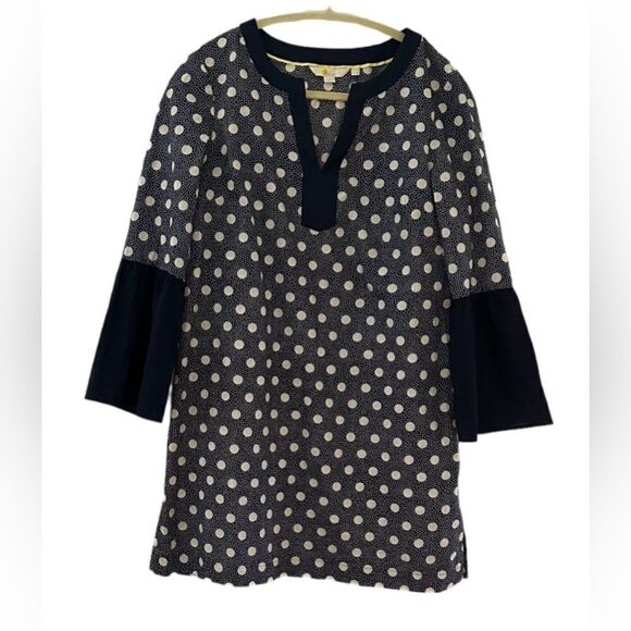Boden Jodie Kaftan Tunic Dress Blue Polka Dot Bell Sleeve Cotton Size 6 - Picture 1 of 11